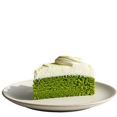 Isolated Photo Of A Matcha Cake Slice With Whipped Cream On A Plate