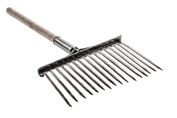Vintage Metal Rake with Wooden Handle Isolated on Black Background