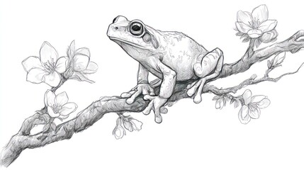 Naklejka premium Frog on branch with blossoms