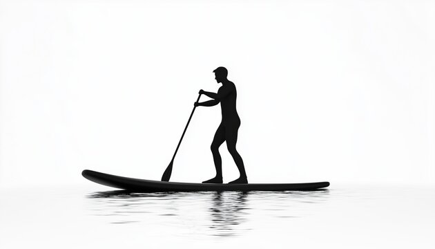 Silhouette Of Sup Board: Stand Up Paddle Boarding On White Background With Various Actions And Poses. Water Sport Hobby With Summer Theme.