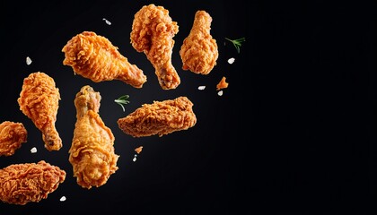 fried chicken legs and wing floating in the air on a black background poster banner design