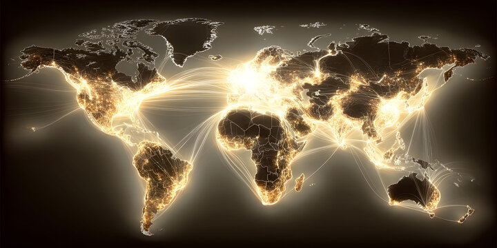 Illuminated World Map at Night Showing Global Connections