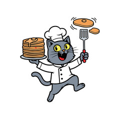 Funny Cat Chef with Stack of Pancakes and Spatula, Cooking Animal Character