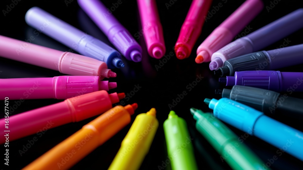Poster assorted markers arranged in a circular pattern showcasing vibrant colors on a black background