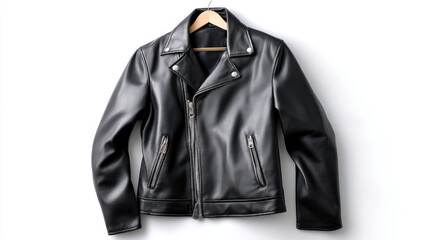 Black leather motorcycle jacket isolated on white background, perfect for fashion e-commerce or product catalog 