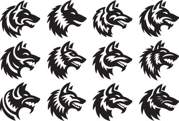 Vector set of various stylized wolf head illustrations