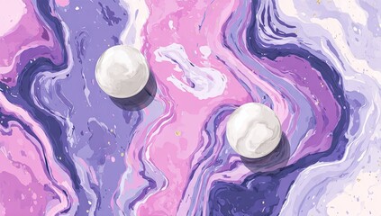 Abstract design with two white spheres on a vibrant purple and pink marble background.