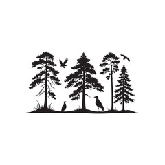 Silhouettes of Trees and Birds in a Forest.A simple, black and white silhouette illustration of a forest scene.