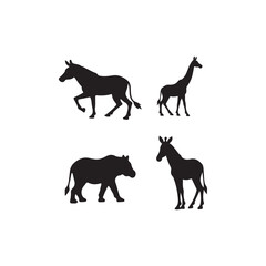 Simple Black Silhouettes of African Animals.A collection of black silhouettes of various African animals, including a zebra, a giraffe, and a donkey-like creature.