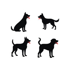Four Dog Silhouettes with Tongues Out,Four simple, black silhouette dog illustrations, each with a pink tongue and in various poses, set against a white background.