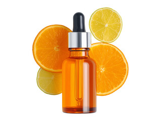 Vitamin C serum dropper bottle with citrus isolated on transparent or white background, png