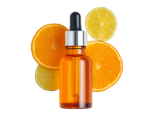 Vitamin C serum dropper bottle with citrus isolated on transparent or white background, png