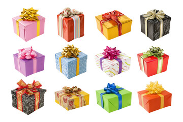 Collection set of colorful gift boxes with bows isolated on transparent or white background, png
