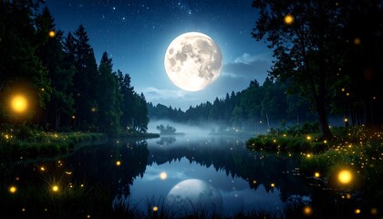 Fototapeta premium Enchanting Firefly Lake at Night Under a Full Moon