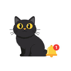 Flat icon of a fluffy black cat sitting next to a small notification bell, isolated