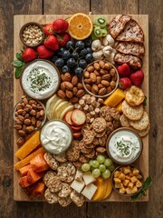Overhead view of a wooden charcuterie board with fruits cheeses nuts and dips on a wooden table