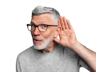 Senior man listening gesture isolated on transparent or white background, png
