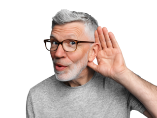 Senior man listening gesture isolated on transparent or white background, png