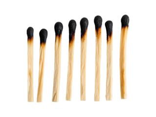 Row of burnt matches isolated on transparent or white background, png