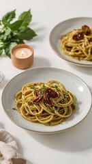 A close up shot of two plates of spaghetti with tomatoes and herbs on a white surface with a candle