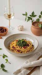 A bowl of spaghetti with pesto and sun dried tomatoes on a white table with wine and garlic nearby