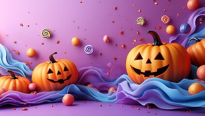 Orange jack o lanterns with swirling blue and purple fabric and candies halloween pumpkin