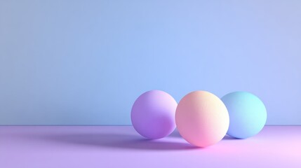 Fototapeta premium Three pastel colored eggs on a matching surface, bathed in soft light, minimalist design