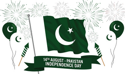 Pakistan independence day celebration with flag and fireworks
