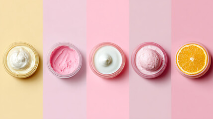 Colorful Beauty Creams and Skincare Products in Jars with Citrus Slice – Minimal Cosmetic Flat Lay