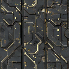 An industrial pattern with metallic shine and traces of wear. The surface consists of many segments with geometric cutouts, bolts, rivets and veins reminiscent of a printed circuit board.