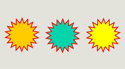 Colorful promotional starburst sticker set with red outlines and vibrant fill colors for sale tags, price labels, discount offers, and marketing banner designs