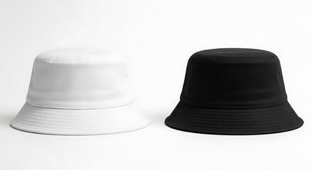 A pair of white and black bucket hats sit side by side