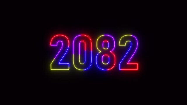 2082 neon line text. Abstract 2082 neon text animation ,For neon color Glowing neon number text background 4k video animation .Digital font against a dark background with neon line looping animation.