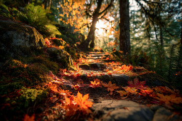 Tranquil forest path covered with autumn leaves under sunlight