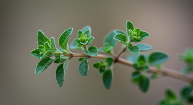 Fresh oregano sprig with vibrant green leaves in selective focus