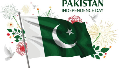 Pakistan independence day flag with fireworks and doves