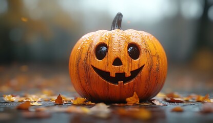 Smiling jack o lantern pumpkin with water droplets on wet ground surrounded by autumn leaves