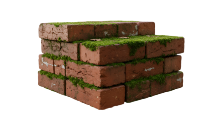 Isolated Photo Of Stacked Red Bricks With Green Moss And Transparent Background
