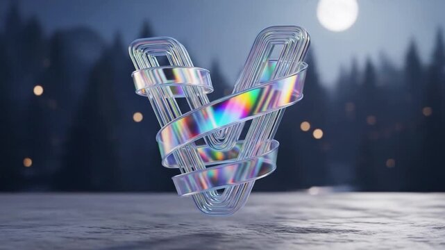 A crystal letter v with iridescent ribbons wrapped around it, set against a moonlit forest background