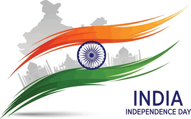 Indian flag with map and buildings for independence day