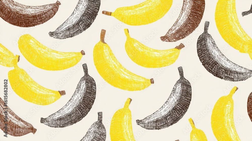 Poster A grid of simple doodle-style bananas in alternating colors, spaced to create a clean, seamless vector pattern over a white canvas.