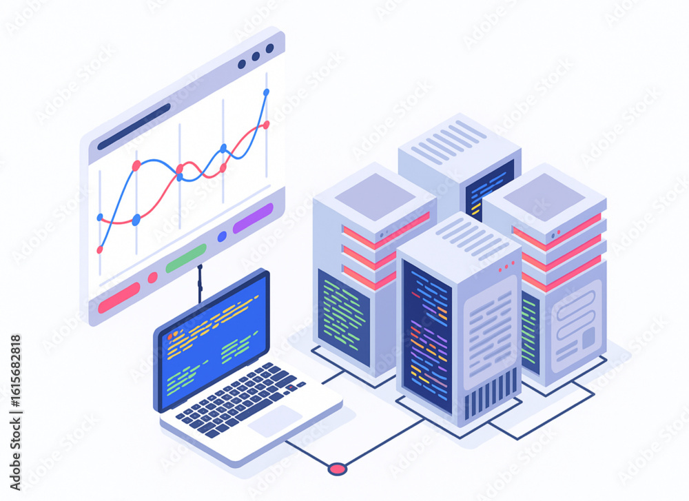 Aufkleber modern data center servers with laptop and analytics graph showing business growth and digital insig