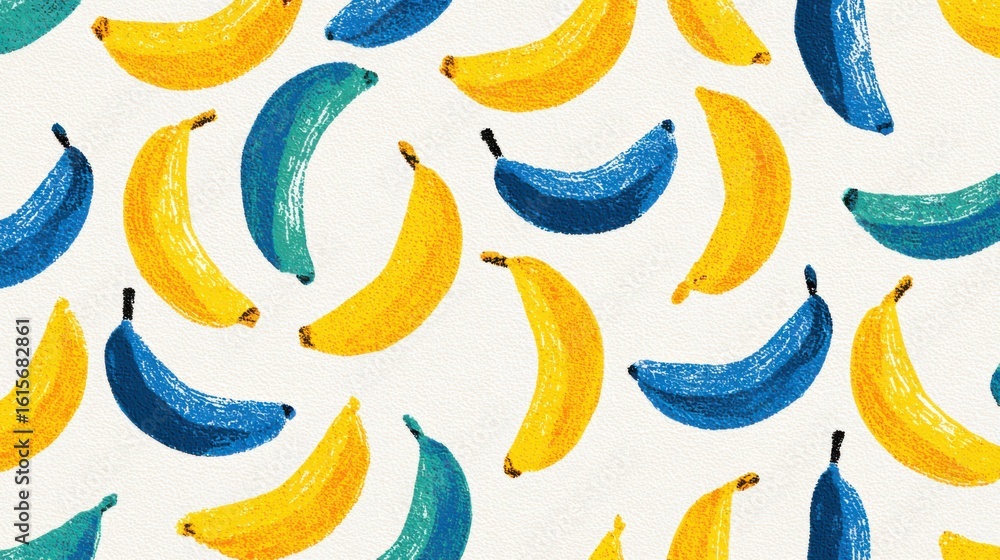 Poster a grid of simple doodle-style bananas in alternating colors, spaced to create a clean, seamless vect