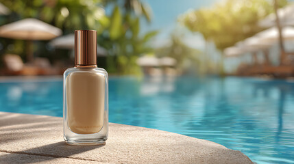 Luxury Cosmetic Foundation Bottle by Swimming Pool – Premium Skincare and Beauty Product Mockup
