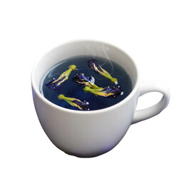 Isolated Photo Of Blue Butterfly Pea Tea With Steam In White Cup