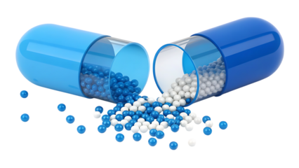 Blue capsule spilling contents isolated on transparent background