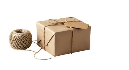 Isolated Photo Of Brown Gift Box And String With Tag On Black Background