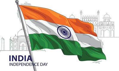 Indian flag with taj mahal and red fort