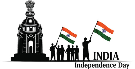 India independence day celebration with flags and silhouettes