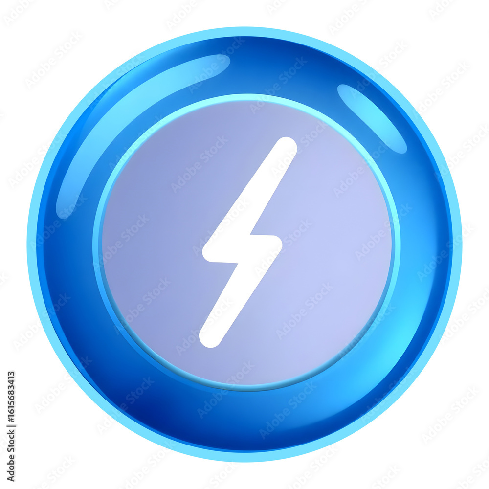 Poster blue glossy web button icon with a right arrow symbol, a digital icon of a blue thunderbolt symbol o